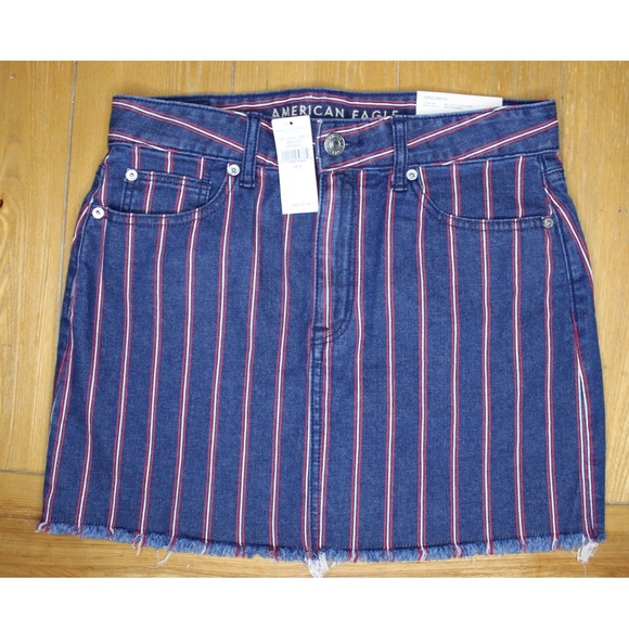 American Eagle NWT Denim Striped Frayed Hem Mini Skirt 8 - Picture 6 of 11